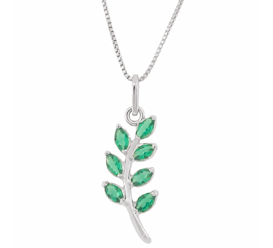 Colar ramo com folhas navete verde, 16x4mm, Prata. 361332