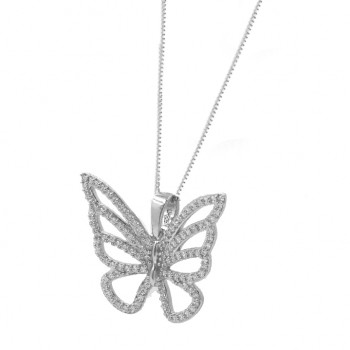 Colar borboleta vazada zirconia cristal, 15x18mm, Prata. 361464