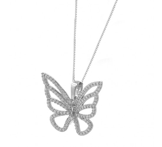 Colar borboleta vazada zirconia cristal, 15x18mm, Prata. 361464