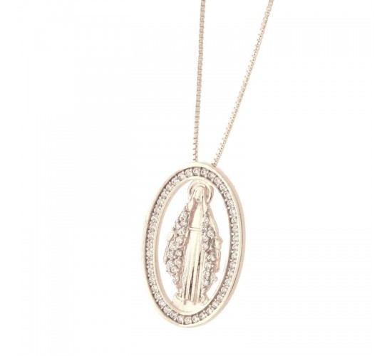 Colar Nossa Senhora Das Gracas manto zirconia cristal e aro oval zirconia cristal, Prata.  361493