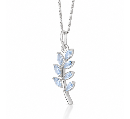 Colar ramo com folhas navete azul claro, 16x4mm, Prata. 361498