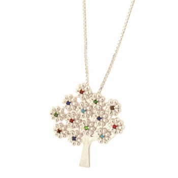 Colar arvore com flores zirconia colorida, Prata. 361568