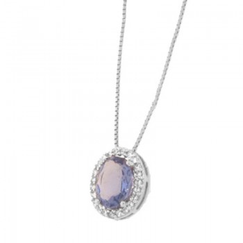 Colar oval pedra maior azul tanzanita com zirconia cristal em volta, 6x4mm, Prata. 361626