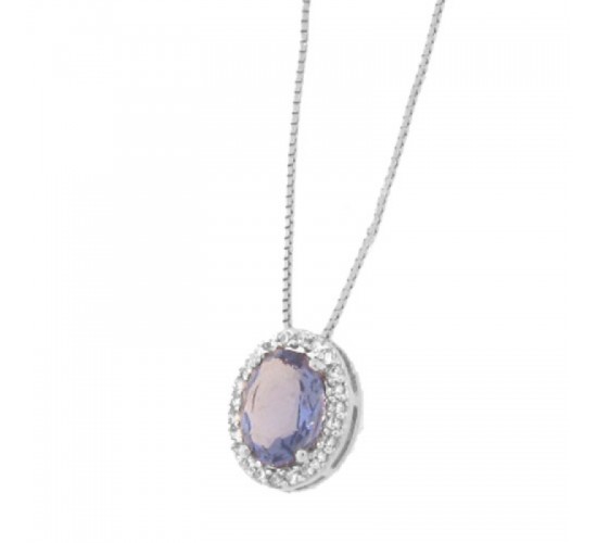 Colar oval pedra maior azul tanzanita com zirconia cristal em volta, 6x4mm, Prata. 361626