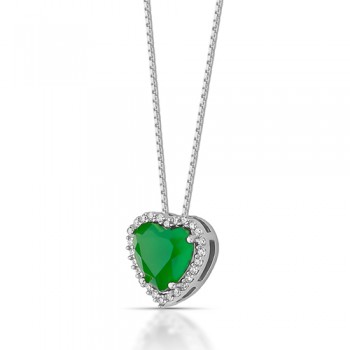 Colar coracao pedra maior verde esmeralda com zirconia cristal em volta, 6x6mm, Prata. 361633