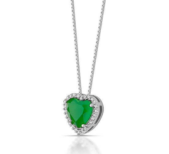 Colar coracao pedra maior verde esmeralda com zirconia cristal em volta, 6x6mm, Prata. 361633