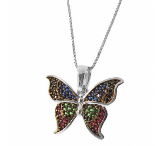 Colar borboleta colorida, Prata. 361647
