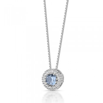 Colar chuveiro redondo pedra maior azul claro com zirconia cristal em volta. 4mm, prata. 361657
