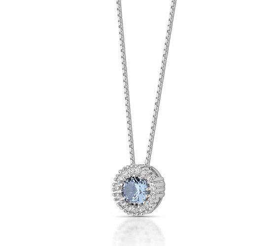 Colar chuveiro redondo pedra maior azul claro com zirconia cristal em volta. 4mm, prata. 361657