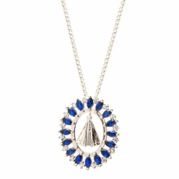 Colar aro oval navete azul safira com Nossa Senhora Aparecida lisa, 14x11mm, Prata.  361677