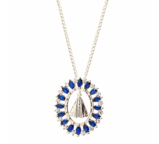 Colar aro oval navete azul safira com Nossa Senhora Aparecida lisa, 14x11mm, Prata.  361677