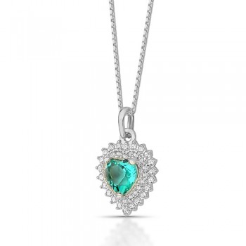 Colar coracao pedra maior verde paraiba com zirconia cristal em volta, 12x9mm, Prata. 361680