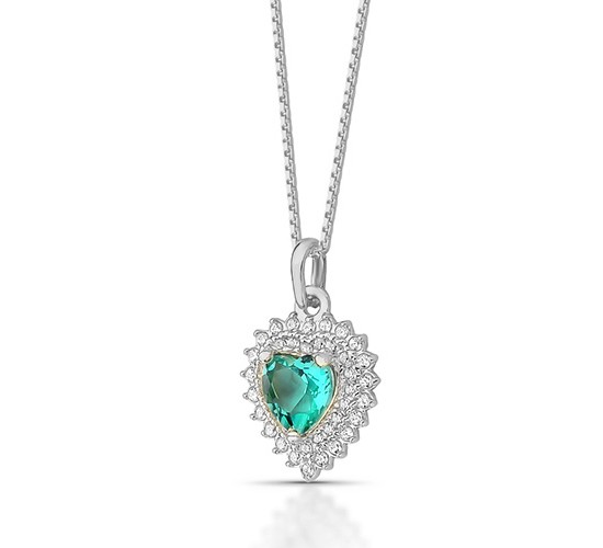 Colar coracao pedra maior verde paraiba com zirconia cristal em volta, 12x9mm, Prata. 361680