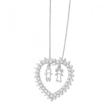 Colar coracao zirconia cristal com casal, 18x18mm, Prata. 361720