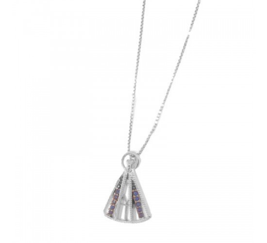 Colar Nossa Senhora Aparecida pequena com manto zirconia azul, 10x6mm, Prata. 361760
