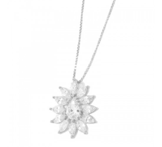 Colar gota cristal com navete cristal em volta, 11x9mm, Prata. 361771