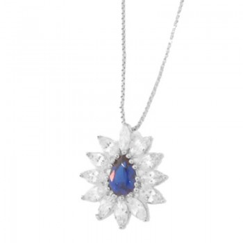 Colar gota azul safira com navete cristal em volta, Prata. 361772