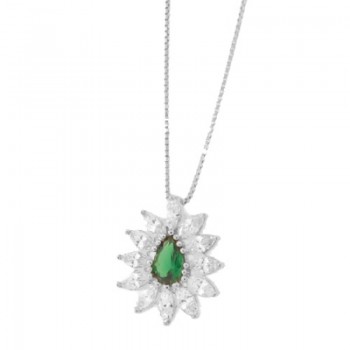 Colar gota verde com navete cristal em volta, 11x9mm, Prata. 361774