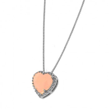 Colar coracao pedra maior rosa leitoso com zirconia cristal em volta, Prata. 361780