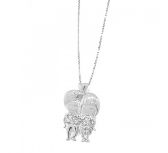 Colar casal de namorados zirconia cristal com coracao, 13x6mm, Prata. 361785