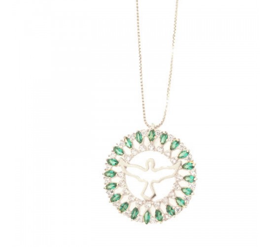 Colar divino com aro redondo navete verde paraiba e zirconia cristal, Prata. 361805