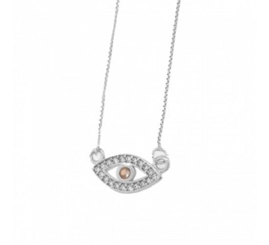 Colar olho grego zirconia azul com zirconia cristal em volta. 2x8mm, prata. 361814