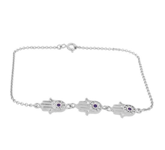Pulseira com 3 maos de fatima zirconia azul safira no centro e cristal em volta, Prata.  361820