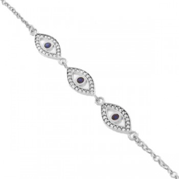 Pulseira com 3 olhos gregos zirconia azul no centro e cristal em volta, Prata. 361822