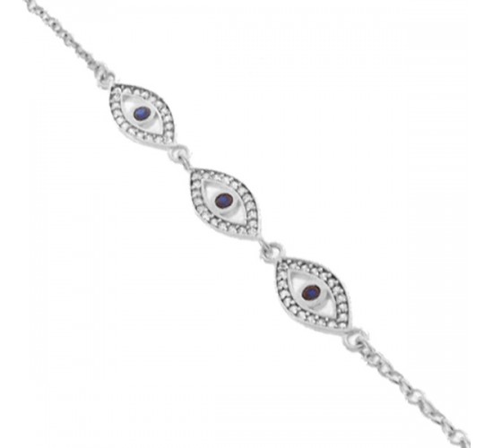 Pulseira com 3 olhos gregos zirconia azul no centro e cristal em volta, Prata. 361822