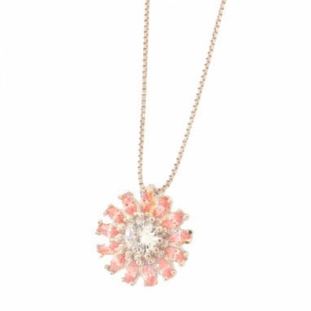 Colar flor com petalas navete rosa claro e miolo zirconia cristal, Prata. 361827