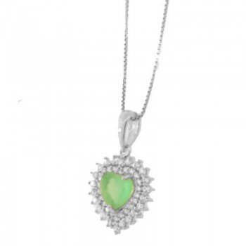 Colar coracao pedra maior verde com zirconia cristal em volta, 10x7mm, Prata. 361845