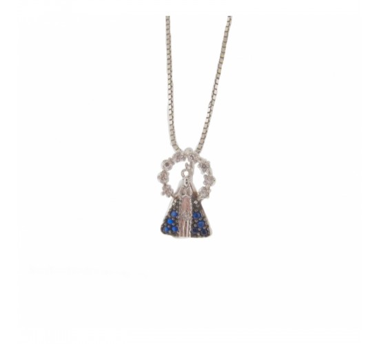 Colar Nossa Senhora Aparecida pequena com manto zirconia azul e aura zirconia cristal, 6x2mm, Prata 361847