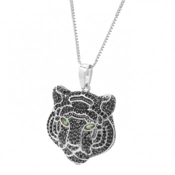 Colar tigre zirconia negra com olhos navete verde esmeralda, Prata. 361851