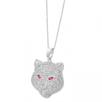 Colar tigre zirconia cristal com olhos navete vermelho rubi, 17x15mm, Prata. 361852