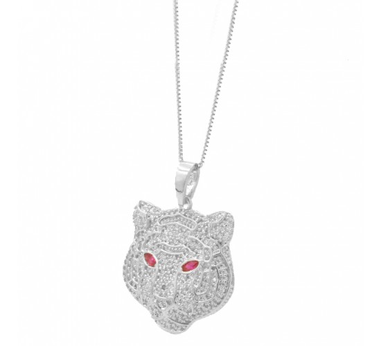 Colar tigre zirconia cristal com olhos navete vermelho rubi, 17x15mm, Prata. 361852