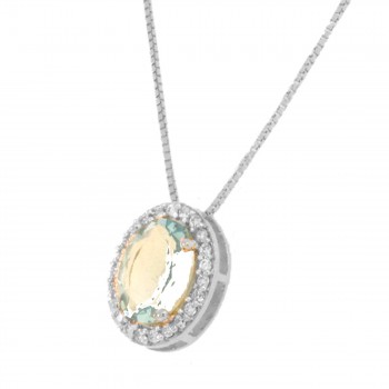 Colar oval pedra maior azul agua marinha com zirconia cristal em volta, 6x4mm, Prata. 361897