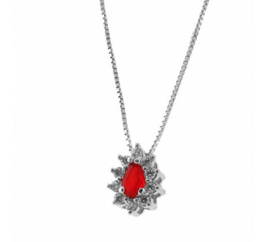 Colar gota pequena zirconia vermelho rubi no centro e cristal em volta. 5x2mm, prata. 361903