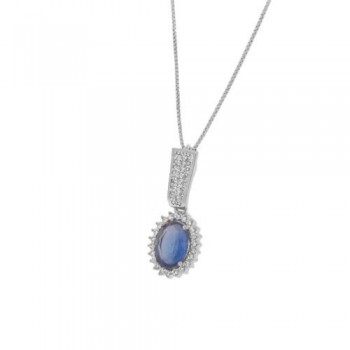 Colar oval pedra maior azul safira com zirconia cristal em volta e na haste, 17x5mm, Prata. 361910