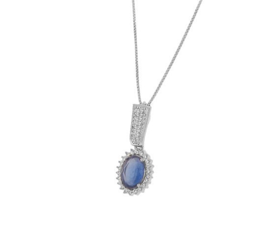 Colar oval pedra maior azul safira com zirconia cristal em volta e na haste, 17x5mm, Prata. 361910