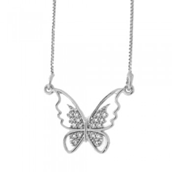 Colar borboleta vazada com zirconia cristal nas asas, 9x14mm, Prata. 361947
