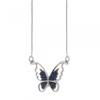 Colar borboleta vazada com zirconia azul safira nas asas, 9x14mm, Prata. 361948