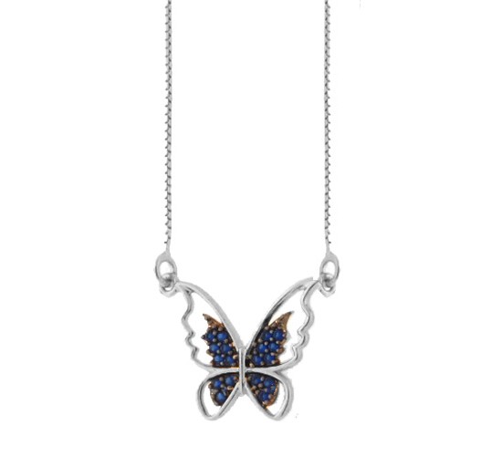 Colar borboleta vazada com zirconia azul safira nas asas, 9x14mm, Prata. 361948