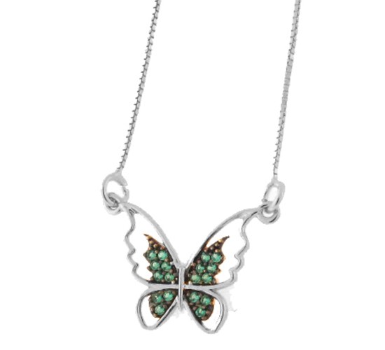 Colar borboleta vazada com zirconia verde paraiba nas asas, 9x14mm, Prata. 361949