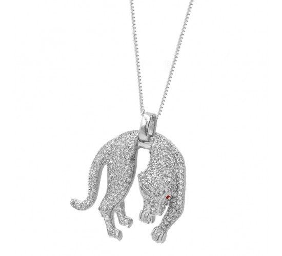 Colar pantera pequena zirconia cristal com olhos zirconia vermelha, 15x15mm, Prata. 361960