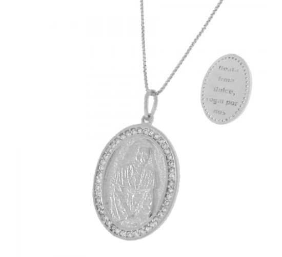 Colar medalha beata irma dulce com zirconia cristal em volta, Prata.  361977