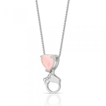 Colar com 1 menina pedra de coracao rosa, 11x3mm, Prata. 361998