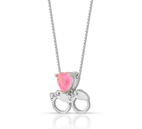 Colar 2 meninas com pedra de coracao rosa leitoso, prata. 362000