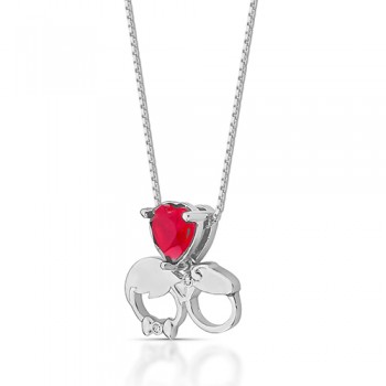 Colar casal com pedra de coracao vermelho, 9x11mm, Prata. 362001