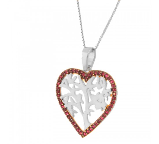 Colar coracao zirconia vermelha com arvore da vida dentro, 16x16mm, Prata.  362008