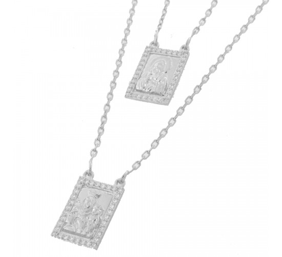 Escapulario retangular Nossa Senhora do Carmo com zirconia cristal em volta, 10x6mm, Prata. 362020